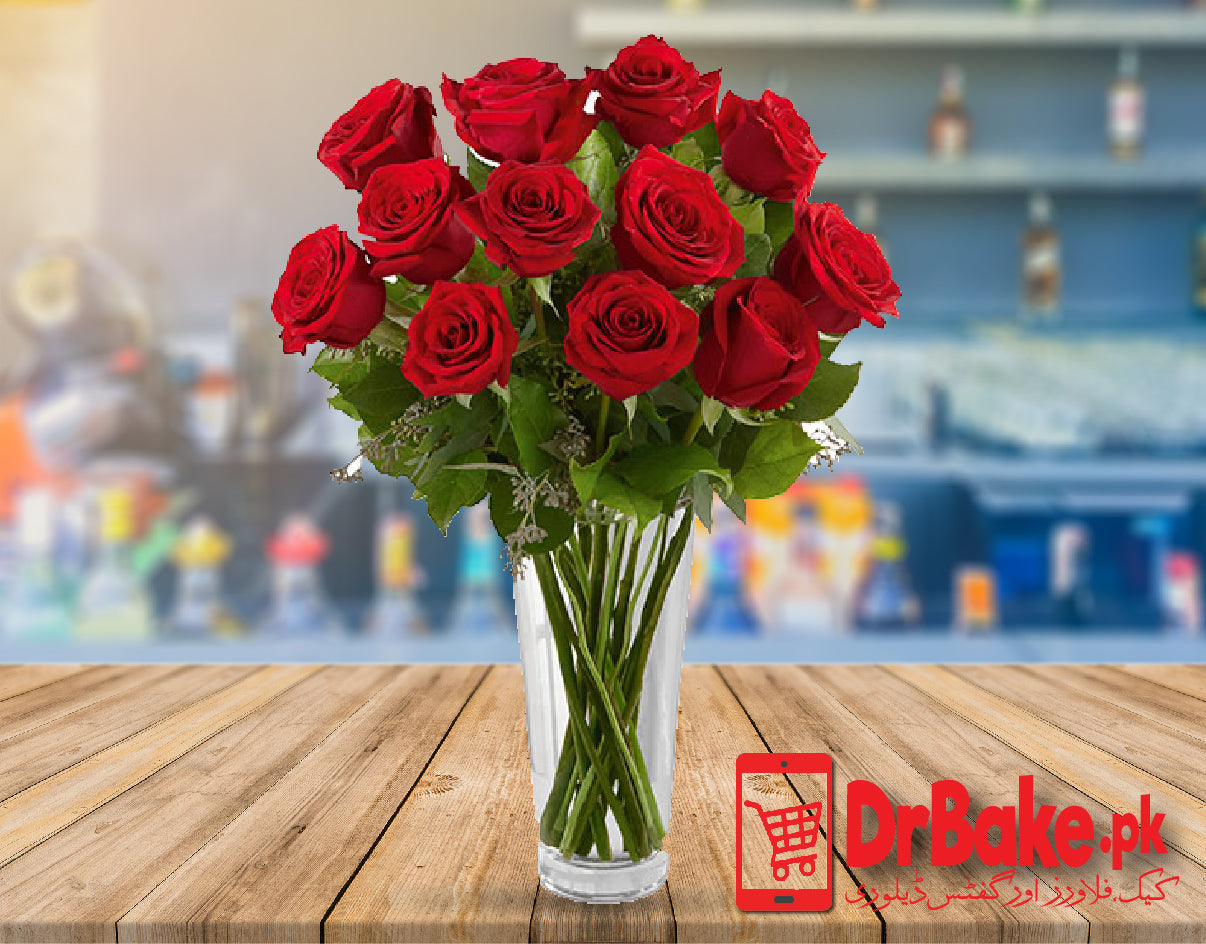 12 Red Roses in Vase - Dr Bake Pakistan Send gifts to Lahore, Karachi, Islamabad, Pakistan