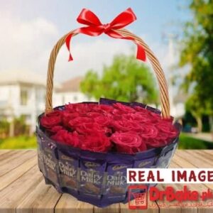 24 Fresh Red Roses Basket With 24 Dairy Milk Chocolates