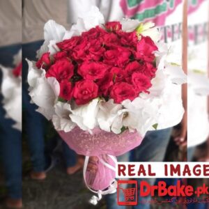 24 Red Fresh Roses Tied With Additional 6 Glad Bouquet