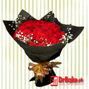 50 Fresh Red Roses Stems with Baby Breath