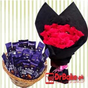 Dairy Milk Basket With Red Roses.