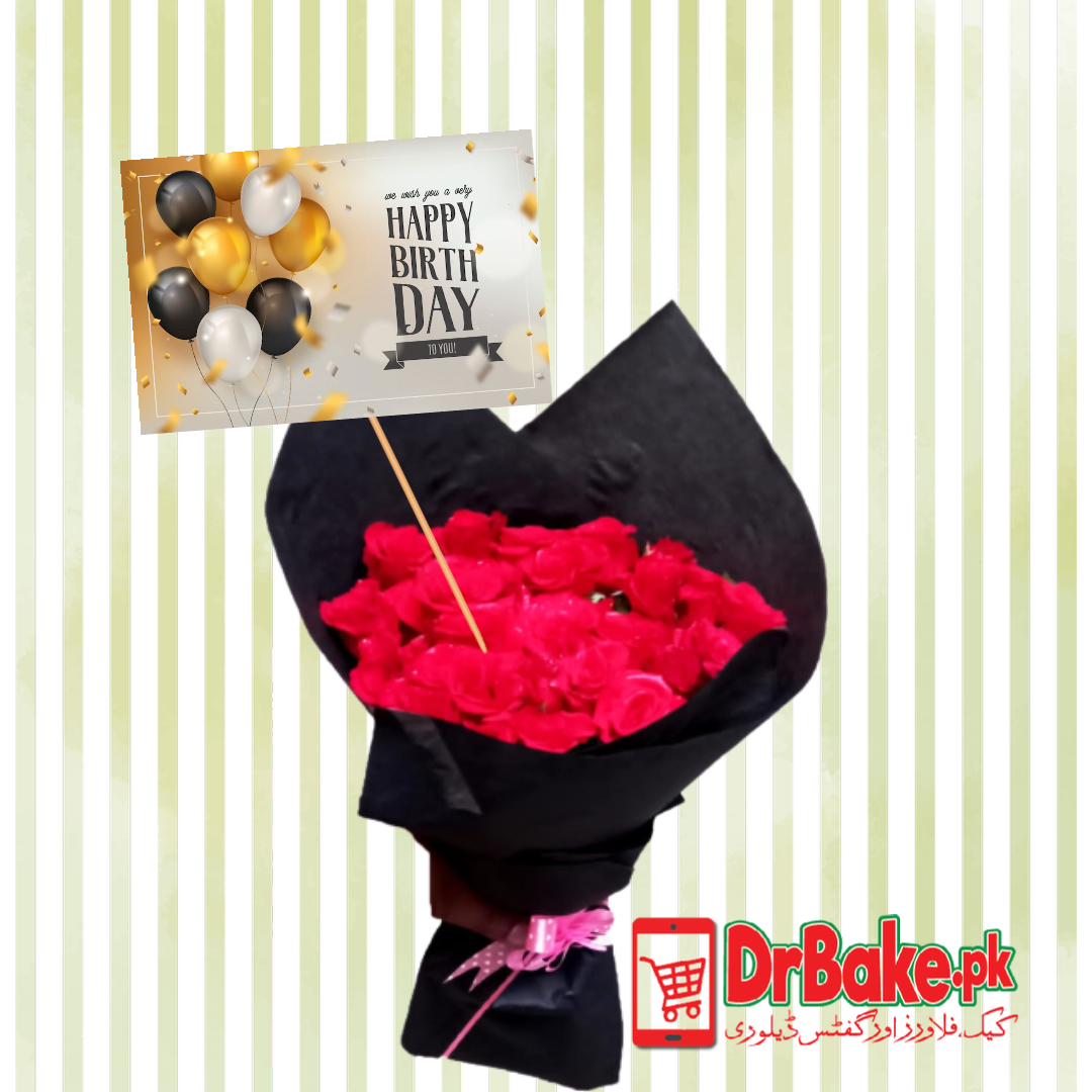 24 Fresh Red Roses Stems with Happy Birthday Day Message Card