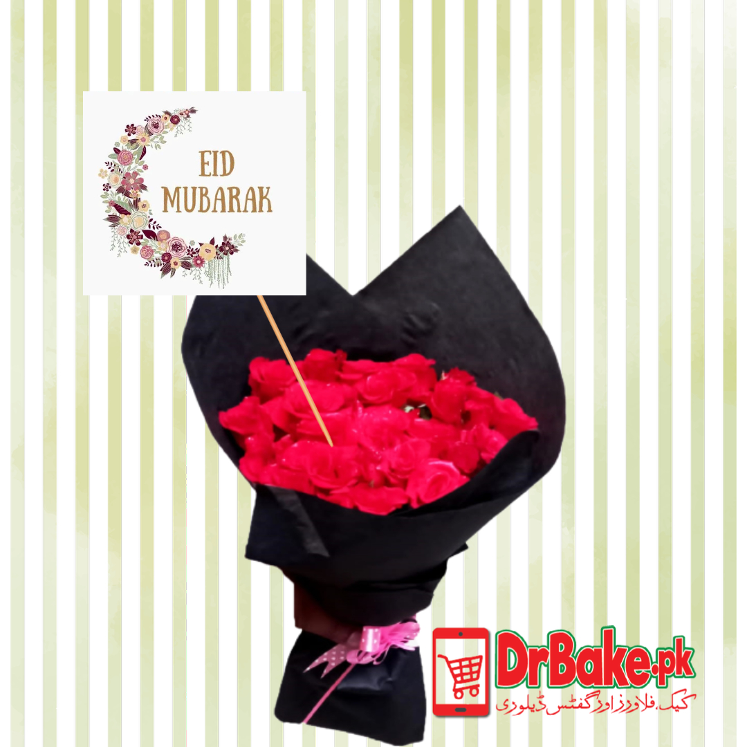 24 Fresh Red Roses Stems with Eid Card