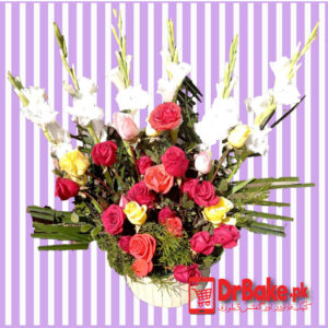24 Multicolor Fresh Roses & 6 Glads Front View Basket