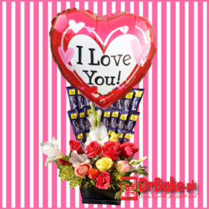 I Love You Balloon Box With Fresh Multi color Flowers & Chocolates