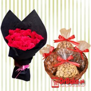 24 Fresh Roses & 1 Kg Dry Fruits Basket