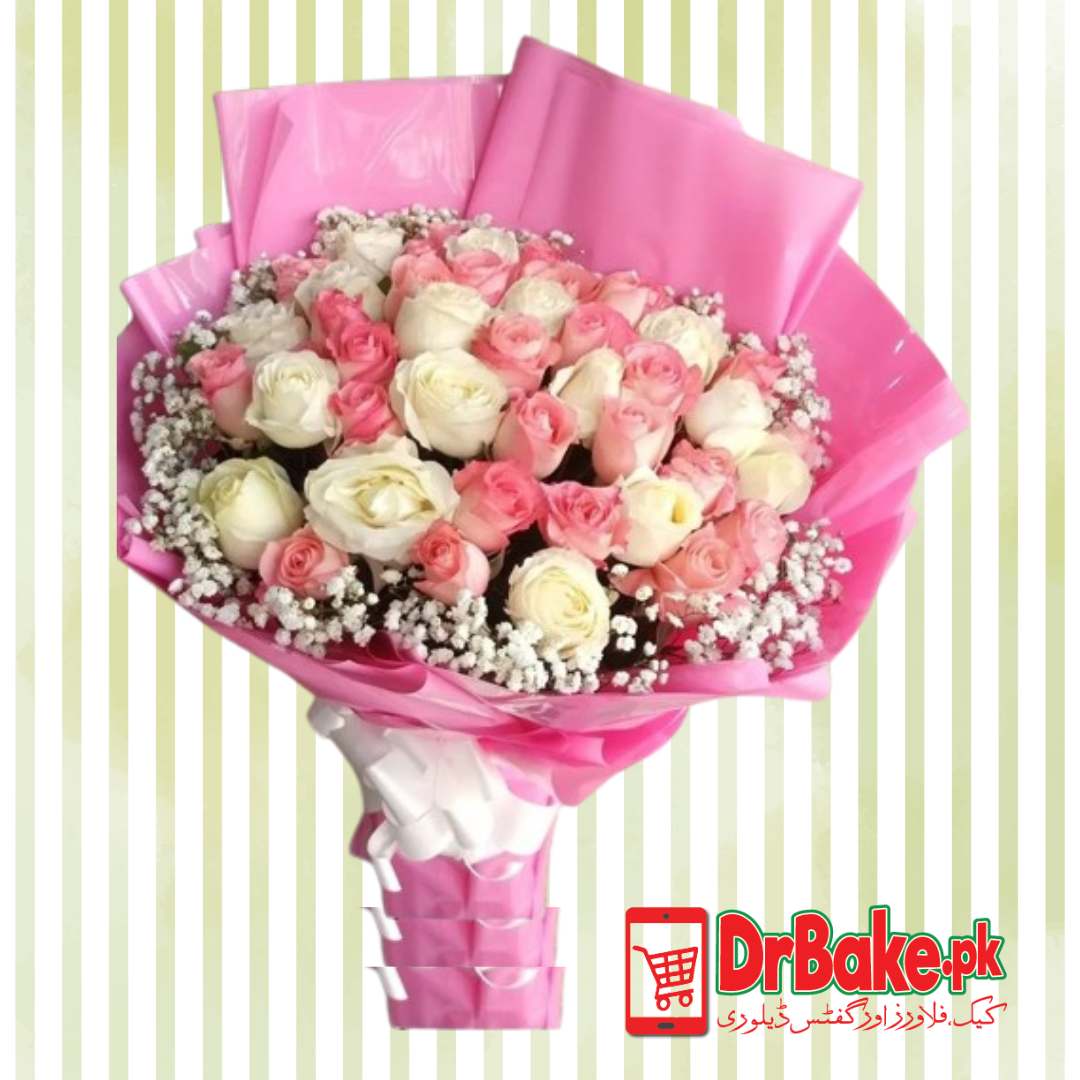 36 Fresh White & Pink Roses Stems with Baby Breath